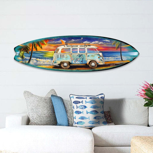 Surf Van at the Beach Surfboard Coastal Wall Art by G. DeBrekht - Coastal Holiday Decor - 8490120-2HS