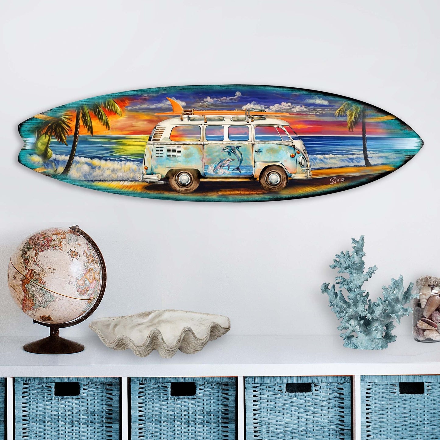Surf Van at the Beach Surfboard Coastal Wall Art by G. DeBrekht - Coastal Holiday Decor - 8490120-2HS