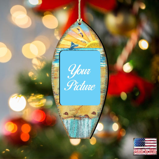 Surfboard Coastal Picture Frame Ornaments - Ornament for Photo - Coastal Holiday Decor - 8198522PF