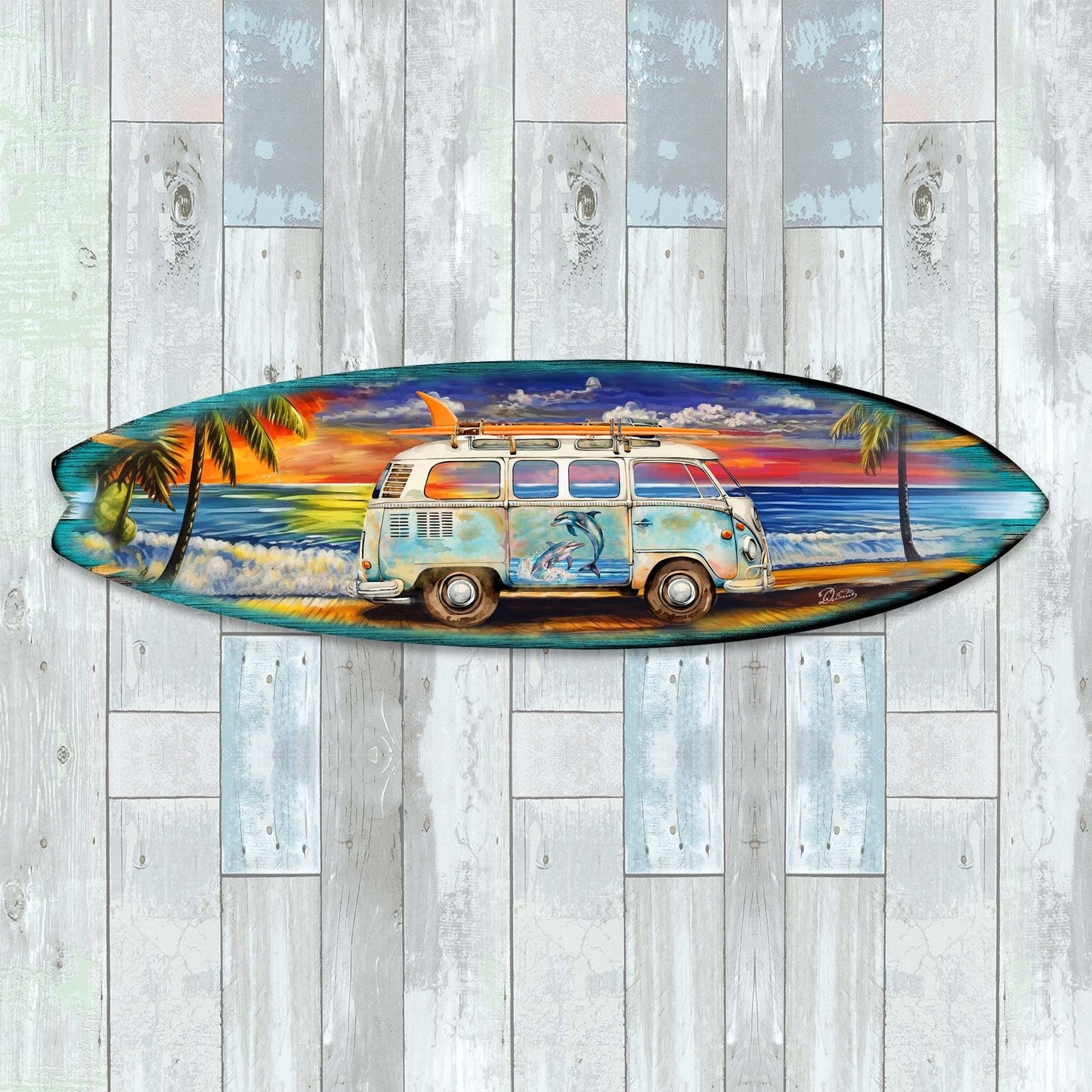 Surf Van at the Beach Surfboard Coastal Wall Art by G. DeBrekht - Coastal Holiday Decor - 8490120-2HS